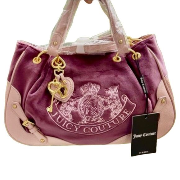 Juicy Couture Bordeaux Velour Pink Faux Leather Nuova Twig Dog Double Handle Bag - Picture 11 of 13